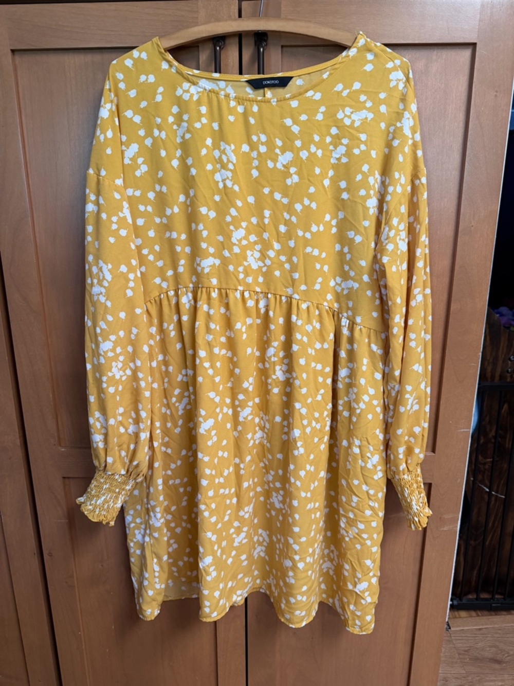 Yellow Floral Long-Sleeve Smocked Cuff Dress